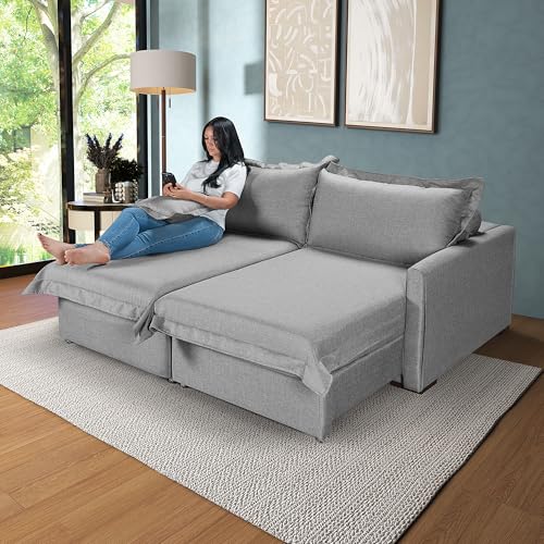Sofá 3 Lugares Living Retrátil Bali Almofadas Soltas em Linho (Cinza)