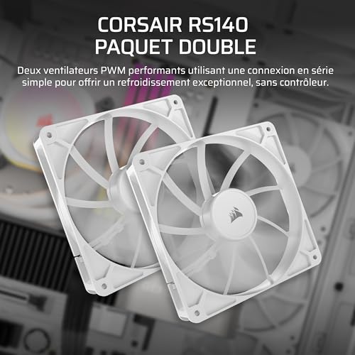 CORSAIR RS140 140mm Ventilateurs PWM – Connexion Daisy-Chain – Faible Bruit – Roulement à Dôme Magnétique – Paquet Double – Blanc
