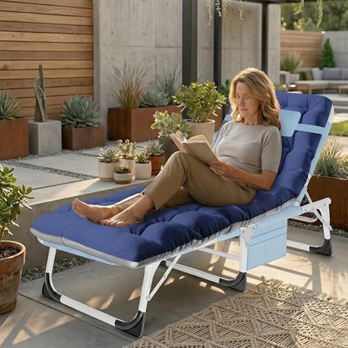 Image of ABORON Patio Lounge Chair, Folding Adjustable Chaise Chair, Max 450LB Load | 5-Gear Adjustable, Zero-Assemble, 75in Length, With Cotton Pad, Side Pocket, for Home, Garden, Beach, Office, Camping