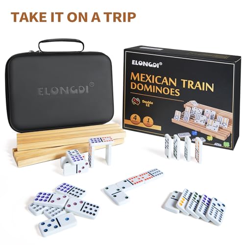 Elongdi Mexican Train Double 12 Dominoes Set With 4 Wooden Trays/Racks In Portable Carrying Case Colorful 91 Tiles & 9 Trains Board Game For Family Game Night thumb #4