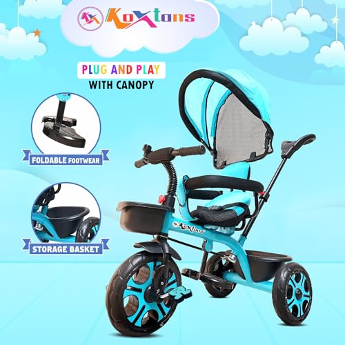 Image of Tricycle for Kids with Canopy and Comfort Seat - The Parents Choice for 1-5 Years Old, 30kg Max, Luxurious & Durable Trike. Advanced Parental Control Handle and Safety Belt, Blue