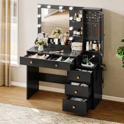 Image of HUANLEGO Vanity Desk with Mirror and Lights, Black Makeup Vanity Set with 5 Drawers, Jewelry Organizer& LED Glass Cabinet, 3 Light Mode Dressing Table for Girls, Vanities Mirror with Lights Desk