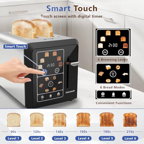 Image of SAKAMOSH Smart Toaster 2 Slice, Touch Screen, Digital Toasters with 6 Browning Levels & 6 Bread Types, Bagel, Extra Long Wide Slots, Memory Function, Timer, 800W, Stainless Steel