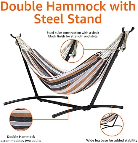 Amazon Basics Double 2 Person Heavy Duty Hammock with Space Saving Steel Stand and Carrying Case, 470lb Capacity, Multicolor, 118 x 46.1 x 39.4 inches - 3