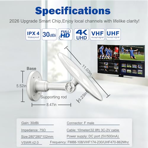 Image of Outdoor TV Antenna for Digital TV, 720 Long Range Omni Directional Reception Digital HD Antenna Signal, with Super Signal Booster, 35ft HDTV Cable, for Attic /Camping /RV /Boat, 2026 Latest, White