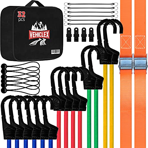 Vehiclex Bungee Cords & Cam Buckle Straps, 32 PCS Tie-Downs Assortment â€“ Multiple Sizes and Uses â€“ Mini Cords & Bungee Balls, Tarp Clips & A Handy Carrying Bag