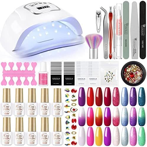 COSCELIA Gel Nail Polish Kit with u v Light Starter Kit 110W Gel Manicure Kit Color Changing Gel Nail Polish Set Nail Rhinestones Professional Gel Nail Kit Valentines Day Gifts for Women