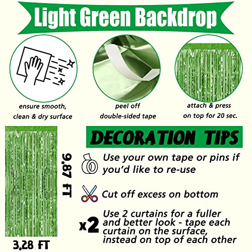Image of 4 Pack Fringe Curtain Backdrop, 3.2Ft x 9.8Ft Light Green Metallic Tinsel Foil Fringe Streamers Background for Photo Booth Birthday Wedding Baby Shower Carnival Easter Mother's Day Party Decorations