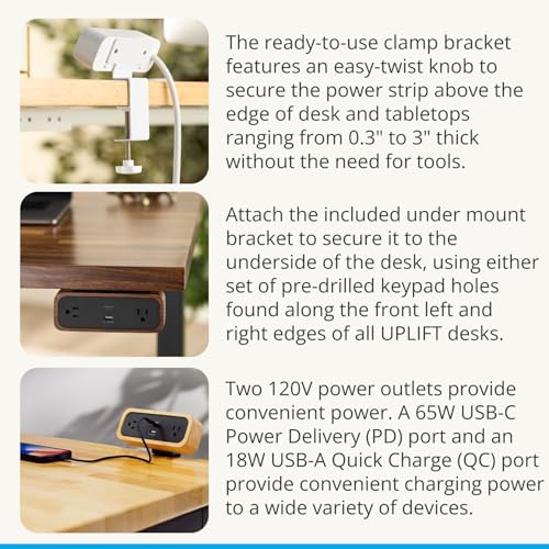 UPLIFT DESK DuoMount Desk Clamp Power Strip – Regleta de escritorio con USB-C y USB-A con cable de 10 pies, soporte de borde para oficina en casa y accesorios para juegos (Blanco) miniatura 6
