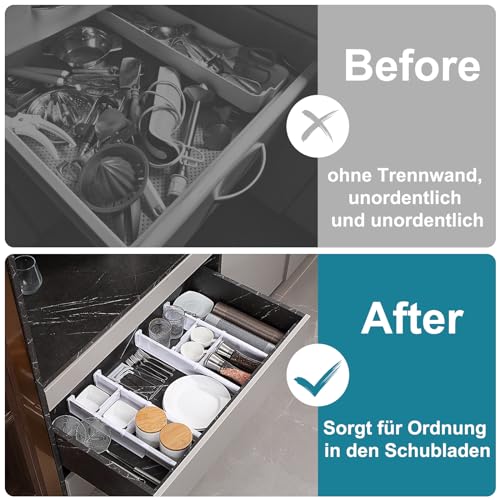 MOFELON Schubladentrenner Verstellbar, 4 Set Schubladen Trenner für Innenlänge 33-58.5cm & Höhe＞6.4cm, Schubladen Organizer Ordnungssystem für Küche, Kleiderschrank, Kommode, Schlafzimmer-Weiß