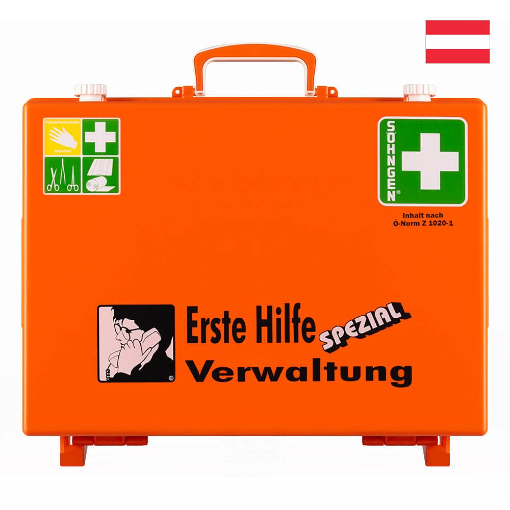 SÖHNGEN Erste-Hilfe-Koffer Verwaltung, Wandhalterung, orange, ÖNORM Z 1020 Typ 1 aus Kunststoff, Art.-Nr. 390210 | Verbandskasten | Notfallkoffer | Erste Hilfe Kasten
