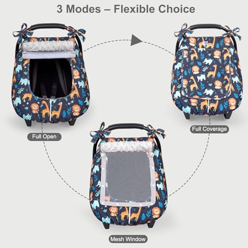 Image of FIOBEE Baby Car Seat Cover, Car Seat Covers for Babies Infant Car Seat Canopy with Breathable Mesh Window Waterproof Carseat Cover for Babies Boy Girl 4 Seasons, Dark Blue Giraffe