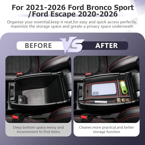 Image of LUWU Center Console Organizer Compatible with Ford Escape 2020-2025 2026 Accessories Bronco Sport 2021-2025 Accessories Armrest Console Storage Box Insert Tray ABS Material Black Coin Container Red