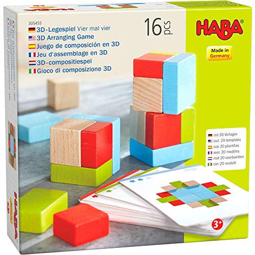 HABA 305455-3D - Legespiel Vier mal Vier, Bunte Holzbausteine zum Legen und Stapeln, 16 Bausteine in 4 Farben, 16 Vorlagekarten zum Nachbauen, Spielzeug ab 3 Jahren