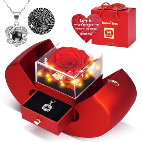 Preserved Real Red Rose Necklace Set with Light Up Box & 100 Languages I Love You Necklace,Mothers Day Rose Gifts for Mom, Romantic Flowers Gifts for Wife Girlfriend, Anniversary Birthday Gift for Women