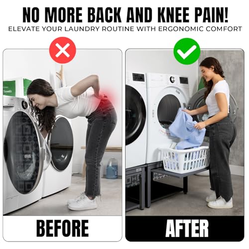 Image of Laundry Pedestal for Washer or Dryer with Drain Pan & Hose - 24 inchW, 10 inchH | Universal Fit 800 lbs Capacity Steel Stand With Pull Out Shelf for Back Pain Relief, Keeps Space Clean, All Brands Supported