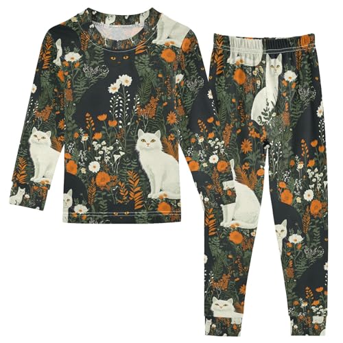 senya White Cat on Red Flower Pajamas Set Long Sleeve Soft Cotton Sleepwear 2 Piece