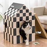 Conlun Cardboard Cat House with Scratch Pad & Catnip, Cat Play Scratching House for Indoor Hideaway Furniture, Heavy Duty Sturdy Cardboard Scratcher, Easy to Assemble Birthday Gift, Medium