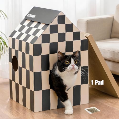 Conlun Cardboard Cat House with Scratch Pad & Catnip Cat Play Scratching House for Indoor Hideaway Furniture Heavy Duty Sturdy Cardboard Scratcher Easy to Assemble Birthday Gift Medium