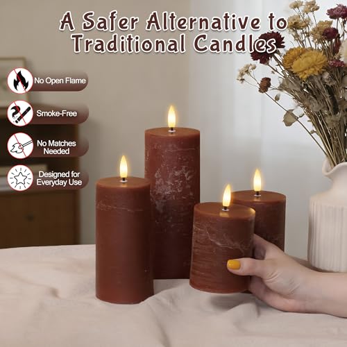 Image of Flameless Pillar Candles with Remote, Real Wax Battery Operated Decorative Candles, Brown Home Decor for Table, Fireplace Mantle, Entryway, Set of 4