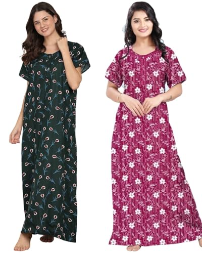 Image of Women Cotton Nighty Combo Pack of 2, Printed Maxi Nighty Gown, Short Sleeve Cotton Nightdress, Soft Breathable Ankle Length Sleepwear Nightwear for Ladies, Free Size