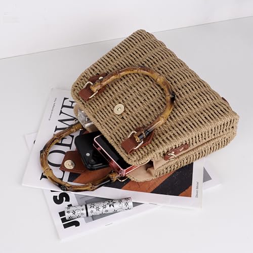 Straw Crossbody Bag, Woven Shoulder Purse with Bamboo Handle, Small Summer Tote with Leather Strap and Magnetic Flap, Casual Travel Handbag for Women (Brown)4