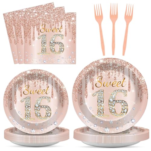 96PCS Rose Gold Sweet 16th Birthday Party Paper Plates and Napkins Sixteenth Birthday Party Decoration 16 Years Old Disposable Cake Dessert Tableware Set Serves 24 Guests Girls Ladies Supplies Favor