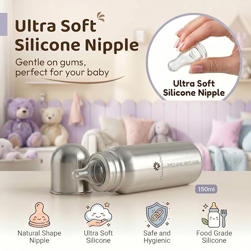 Image of StarAndDaisy Baby Milk Bottle for new Born /Infant /Toddler Pack of 250 ML SUS 304 Steel Baby Feeding Bottle for 0+ Months, BPA Free Leakproof, Anti Colic, Easy to Clean