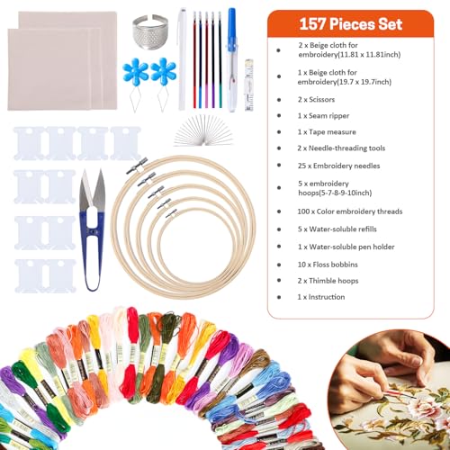 Image of BERYA 157 Pieces Cross Stitch Tools, Embroidery Starter Kit Including 100 Colors Threads, 5 Embroidery Hoops, 3 Pcs Cloth, Threading Tools and More, Hand Embroidery Floss Set for Adults and Beginners