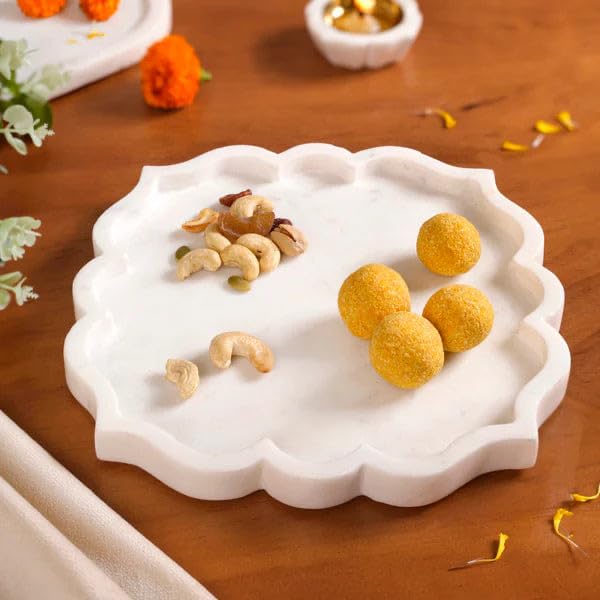 Image of B R & Sons Elegant Floral Design White Marble Serving Tray - Decorative Platter for Home Decor, Cheese Board, Dessert & Snacks - Handmade in India 8x8 Inches (White, Square Mehrab)