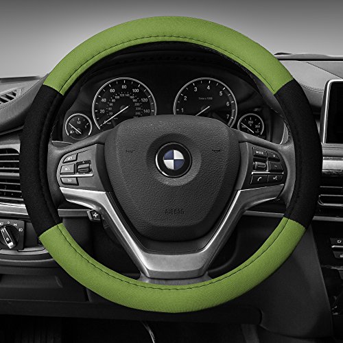 Image of FH Group Universal Fit Modernistic and Seat Belt Pads Combo Set Steering Wheel Cover Fits Most Cars, SUVs Green