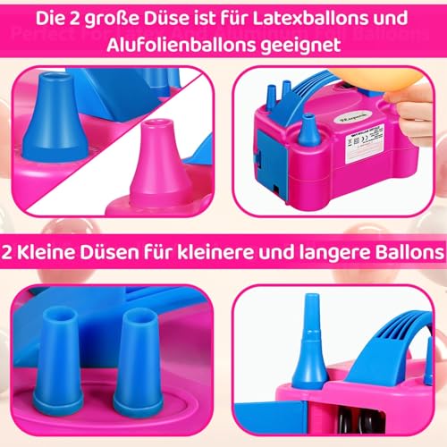 FLSEPAMB Luftballonpumpe Elektrisch, 600W Motor Ballonpumpe Elektrisch Klein with 2+2 Düse, Intelligenter 2 Modus Pumpe Luftballon, Tragbar Luftballon Pumpe Elektro 3