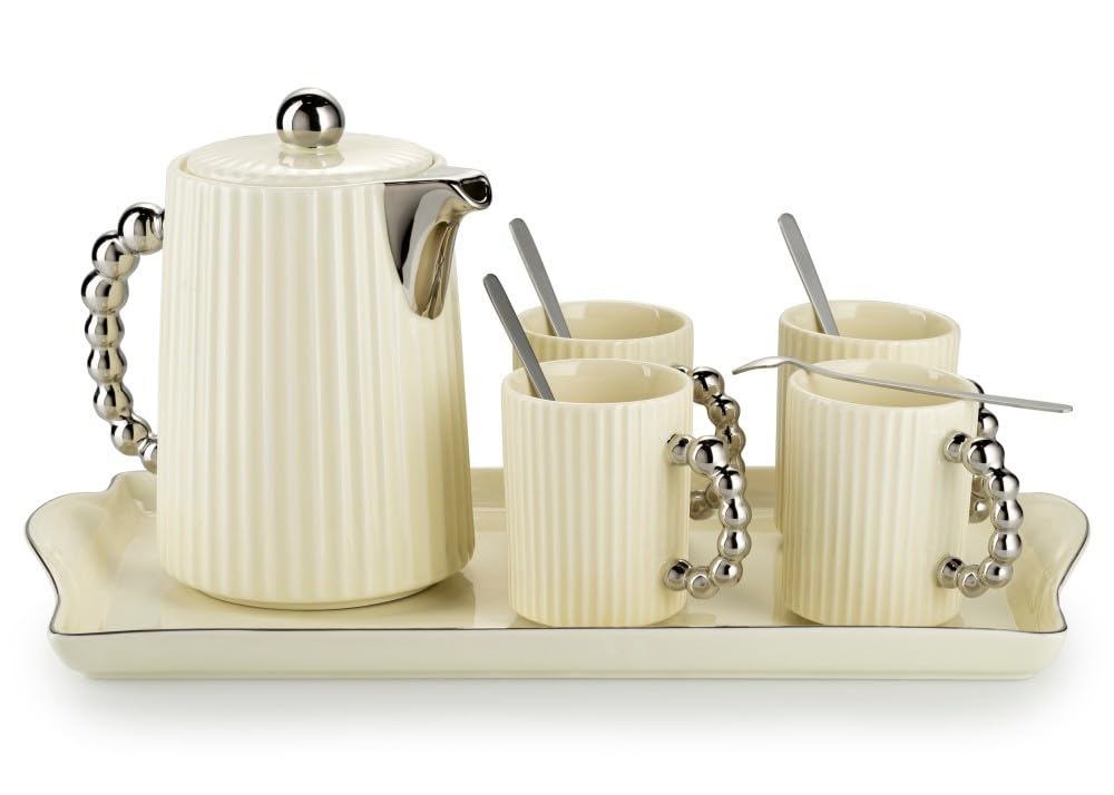 Service à café en céramique pour 4 personnes – Set avec théière, 4 tasses et plateau de service – Service à café crème avec poignée en métal – Idéal pour le service à café ou à thé