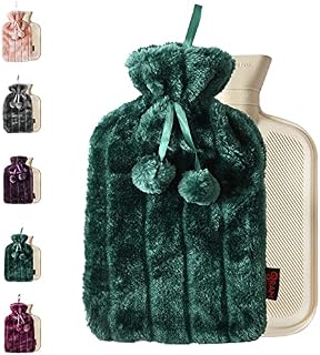 Ram® 2 Litre Cosy Green Emerald Luxury Hot Water Bottle with Faux Fur Cover and Pom Poms Green
