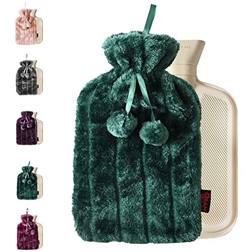 Ram® 2 Litre Cosy Green Emerald Luxury Hot Water Bottle with Faux Fur Cover and Pom Poms Green