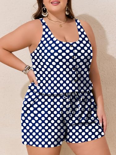 Image of Summer Mae Plus Size Swim Romper One Piece Swimsuit Women Blouson Bathing Suit with Pockets 2026 Modest Swimwear Polka Dot 20 Plus