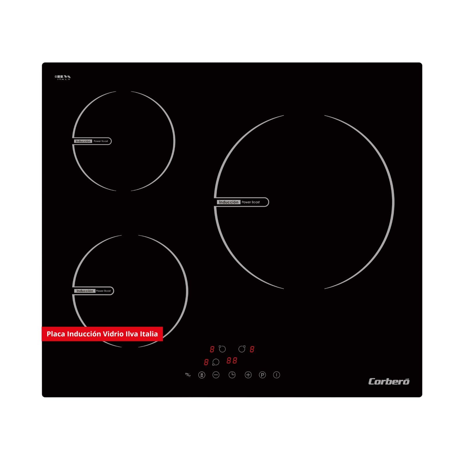Corberó - Placa de Inducción 60cm | CCIG367 | 6680 W | 3 Zonas de Cocción | Zona Extra Grande 28 cm | Control Táctil | Booster| Temporizador | Bloqueo seguridad | Cristal Ilva | Circulos