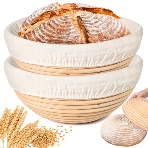 Banneton Bread Proofing Basket 2 Pack 9 Inch Sourdough Banneton Baskets with Linen Liners | Rattan Round Banneton Bread Basket for Sourdough Baking Supplies | Non-Stick Bread Proofing Bowl Gifts