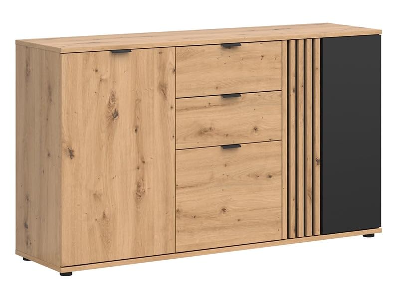 PEGANE Commode Buffet à 3 Portes et 2 tiroirs,Coloris Chêne Artisan/Noir - Longueur 150,5 x Profondeur 40 x Hauteur 87 cm