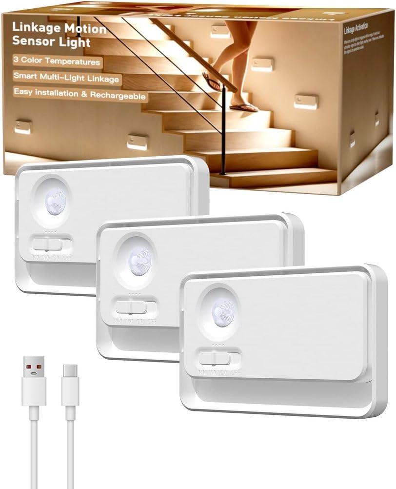 OOWOKS LED Nachtlicht mit Bewegungsmelder Innen Akku 3 Stück Treppenbeleuchtung mit Motion Sensor 3 Lichtfarbe Aufladbar Magnetische Bewegungsmelder Licht Ohne Steckdose für Flur Treppe Küche Bad