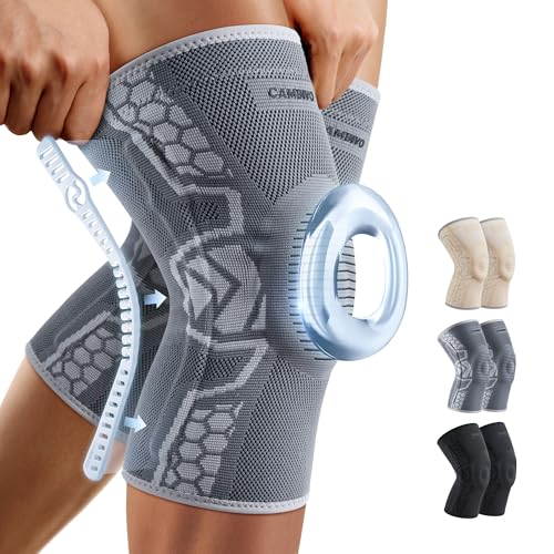 CAMBIVO 2 Pack Knee Brace for Men and Women, Knee Sleeves with Patella Gel Pad and Side Stabilizers, Knee Compression Sleeves for Knee Pain Relief, Running, Workout-Elite Motion Series (Gray, Medium)