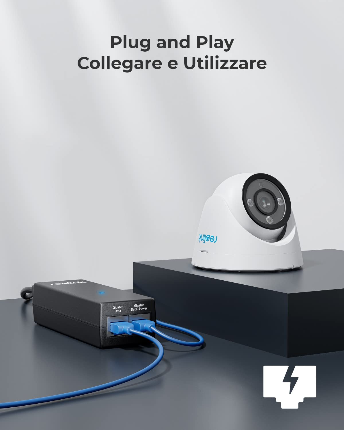 Reolink Iniettore PoE Gigabit, Fornisce PoE+ (30 W) o PoE (15,4 W), Distanza fino a 100 metri, Plug & Play, Adatto per Telecamere PoE/Campanello Video PoE
