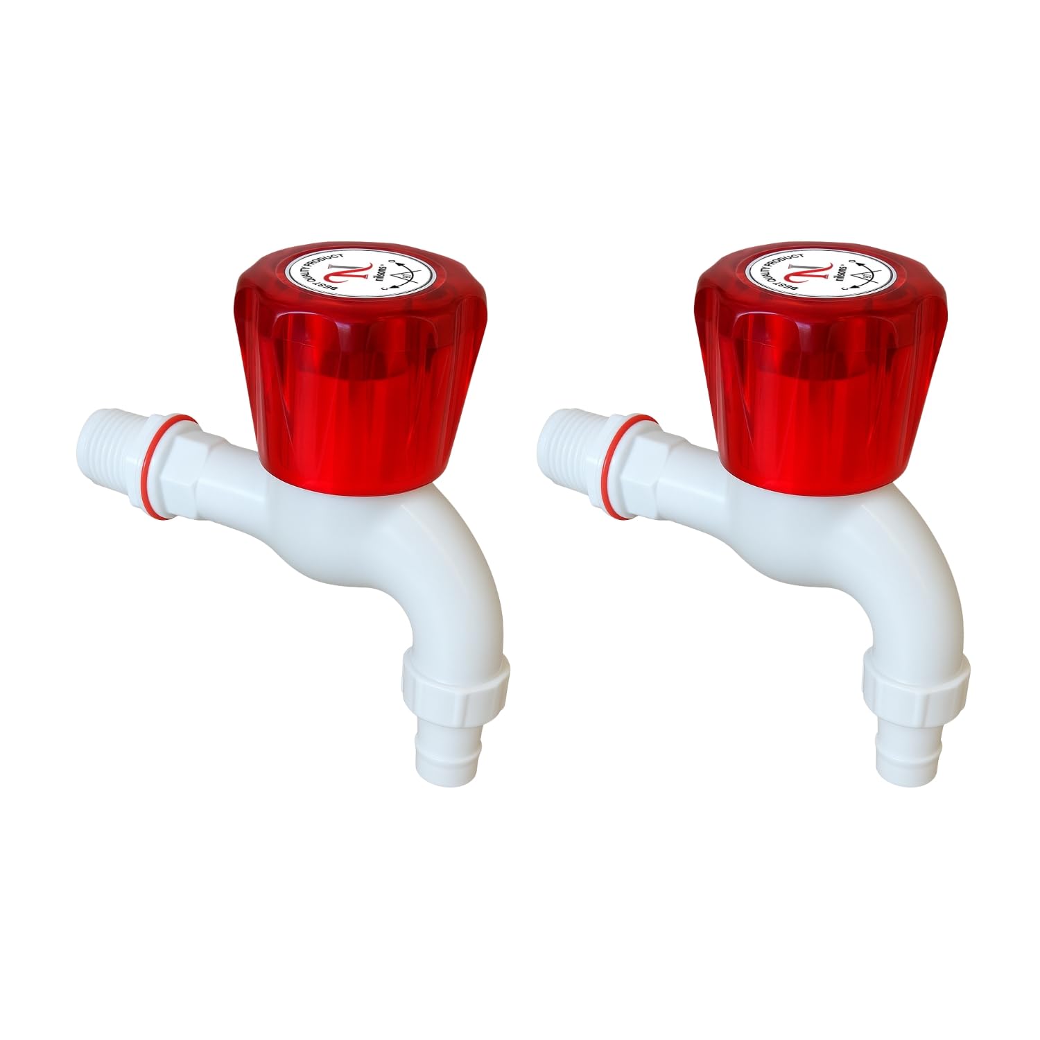 Washing Machine Bib Cock Water Tap | Unbreakable Plastic Bib Tap with Hose Connector | Hot & Cold Water Compatible | Set of 2 | Heavy Duty Wall Mounted Tap (Red Head)