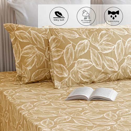 Image of HOMEMONDE Premium 210 TC Cotton Bedsheet King Size 108 x 108 Inches Leaf Printed Soft Flat Sheet with 2 Pillow Covers 18 x 28 Inch, Perfect for Home Decor & Gifting - Golden