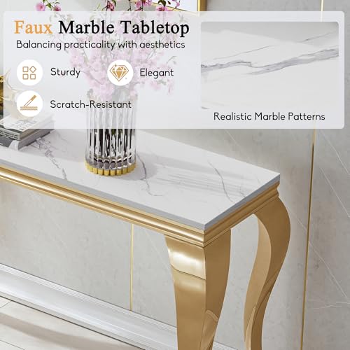 Image of Luxury Marble Console Table, White Faux Marble Top, Gold Stainless Steel S Legs, 46.8 inch Sofa Console Table Behind Couch, Modern Entryway Table for Hallway, Entrance, Foyer, Living Room