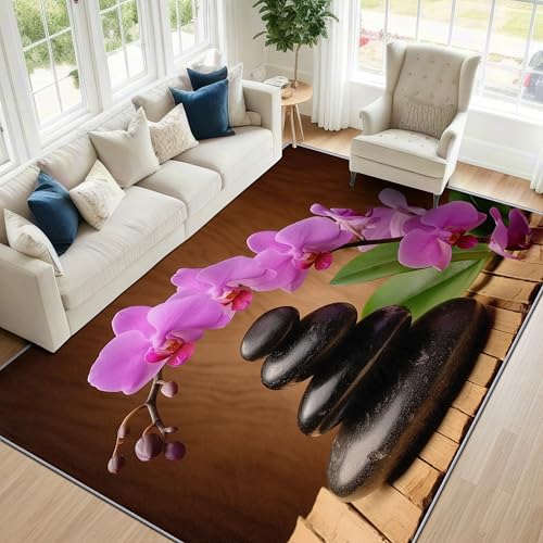 4x6 Rug Washable - Zen Garden Rug for Bedroom,Spa Orchid Massage Stone Non Slip Low Pile Area Rugs for Living Room Laundry