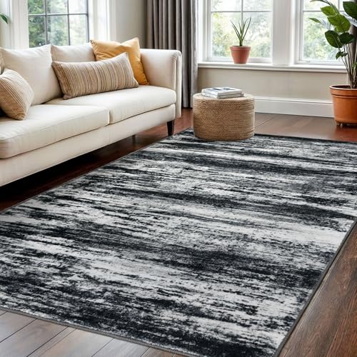 KOZYFLY 4x6 Area Rug Modern Ombre Rugs for Bedroom, Washable Rug Non-Slip Soft Striped Living Room Rug, Black Navy Blue Grey Abstract Carpet for Laundry Nursery
