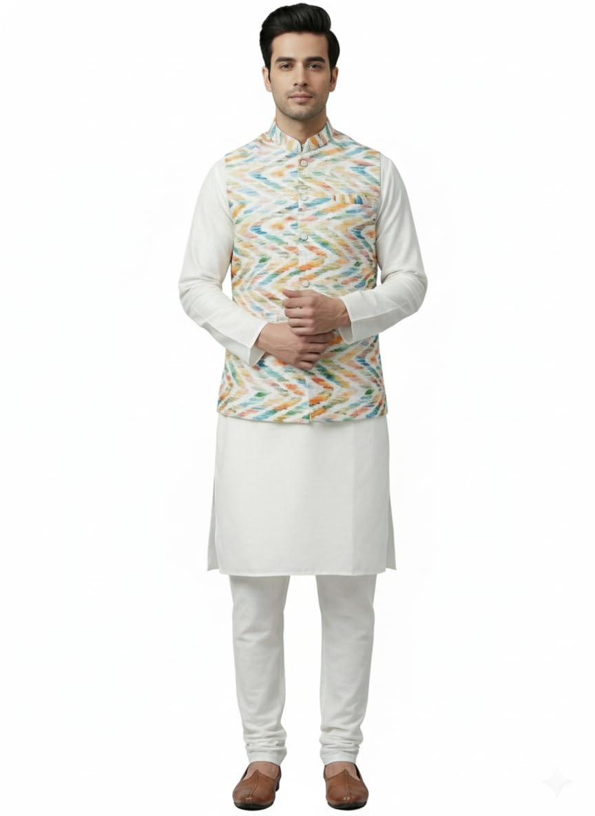 Men’s Festive Cotton Blend Kurta Pajama Set with Multi-Color Printed Nehru Jacket (Koti) | Traditional Ethnic Wear for Weddings, Festivals & Parties