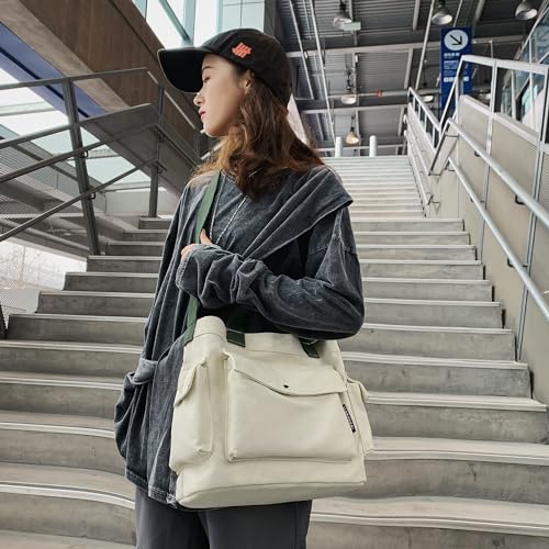 Image of Canvas Messenger Tote Bag Large Hobo Crossbody Bag with Multiple Pockets Casual Shoulder Handbag for Women and Men