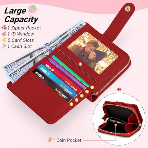 Image of YINHEXI Wallet Women, RFID Blocking Small Compact Trifold PU Leather Card Holder Purse with Coin Pocket & ID Window for Ladies, Ladies, Teens, and Girls (Cherry Red-02)